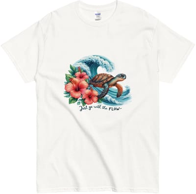 Dames en Heren T-shirt met schildpad – Just Go With The Flow – Zomers Strandshirt - Wit - S