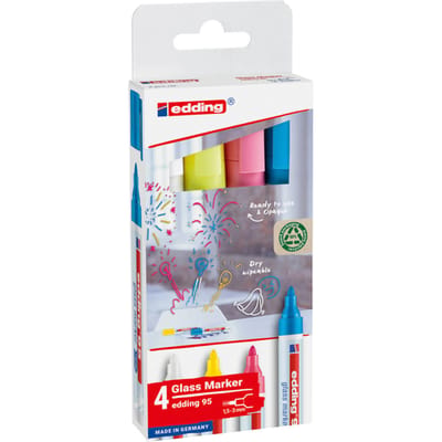edding 95/4 S glasmarker set - assorti licht 4 stuks: geel, roze, lichtblauw, wit- zonder pompsysteem direct te gebruiken - 1,5-3mm