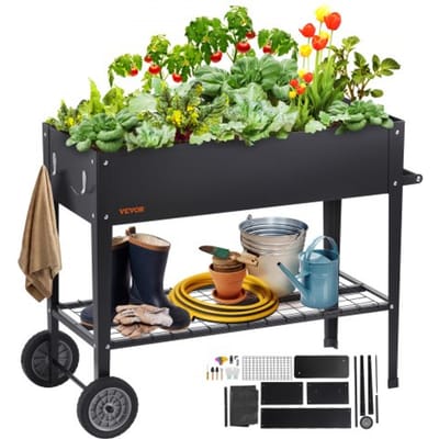 VEVOR Verhoogd tuinbed op wielen, plantenbak, bloembak, tuinplantenbak, moestuinbed voor op het terras, tuinbed, plantenbak, zwart, 110x49,5x80cm, gegalvaniseerd staal, ideaal voor het kweken van groenten, fruit en kruiden.
