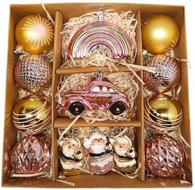 Luxe Kerstballen Set – 12-delig – Goud & Roze – Inclusief Regenboog, Auto & Santa Figuren – Glanzende Kerstdecoratie