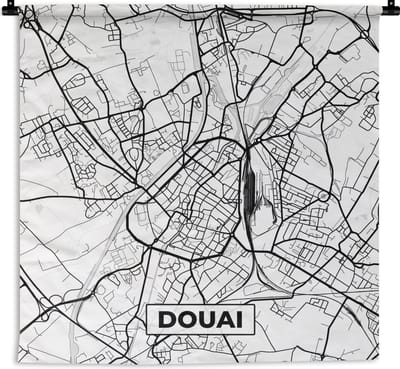 Wandkleed - Wanddoek - Frankrijk - Douai - Stadskaart - Plattegrond - Kaart - Zwart wit - 180x180 cm - Wandtapijt