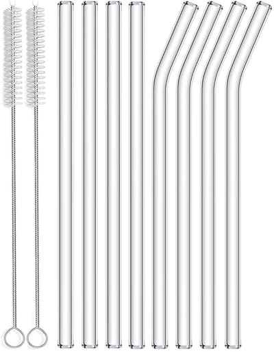 Dailygoods- Glazen Rietjes Set - 10 Stuks - 4 Rechte/Gebogen - 20 cm Lang - Inclusief 2 Reinigingsborstels - Herbruikbaar - Veilig voor Kinderen