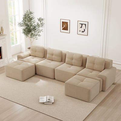 MODENUIT Sofa - Modulaire 4-Zits Met U-Vormige Chaise Longue - Diepe Zitting - Voor Woonkamer - Ribstof Beige