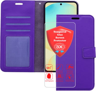 Bookcase Geschikt voor: Samsung Galaxy S25 Paars - Portemonnee hoesje met 3x Glas Screen protector - Book Cover