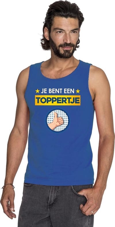 Blauw mouwloos feest shirt/ tanktop - Je bent een toppertje met duimpje voor heren S