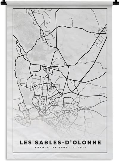 Wandkleed - Wanddoek - Stadskaart – Les Sables-d'Olonne - Plattegrond – Kaart – Frankrijk - Zwart wit - 120x180 cm - Wandtapijt