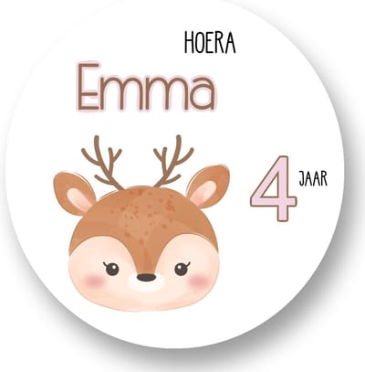 20x Hert Stickers Met Naam Leeftijd - Traktatiestickers - Verjaardag Hert - Dieren - Gepersonaliseerd - Sluitstickers - Kinderfeest Traktatie - Uitdelen - Uitdeeltraktatie - Wensetiket - Rond - 40mm - Glossy sticker
