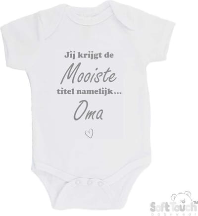 100% katoenen Romper "Jij krijgt de mooiste titel namelijk... Oma" Unisex Katoen Wit/grijs Maat 62/68