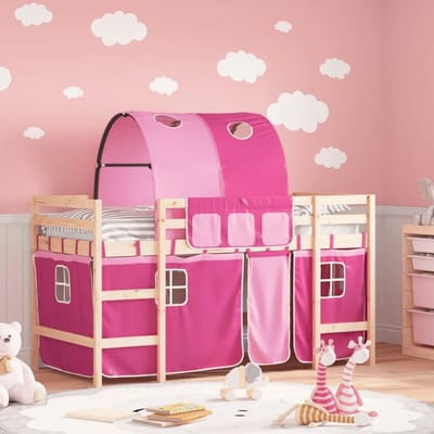 Kinderbed met Tunnel - Stapelbed met glijbaan - Spelen en slapen - Stevig massief hout - 90x190cm - Roze en naturel