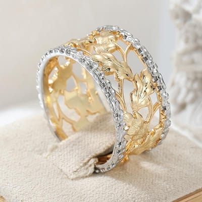 Magnifique Exquis Anneau de Mariage Nuptial Creux pour Femmes Sculpté à la Main Tempérament Élégant Bijoux Accessoires de Banquet Anniversaire 7&Gold-color beige