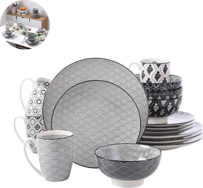 Luxe Serviesset – 16 delig – 4 persoons – Porselein - Bordenset – Dinner platen – Dessertborden - Kommen - Schaaltjes - Wit - Zwart
