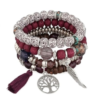 4-delige Armbanden set voor dames– Elastische Kralenarmbanden met Charms & Natuurlijke Accenten