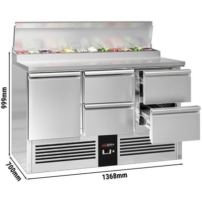 GGM Gastro Zubereitungstisch Mini PREMIUM - 1368mm - 1 Tür & 4 Schubladen - für 8x GN 1/6 Zilver