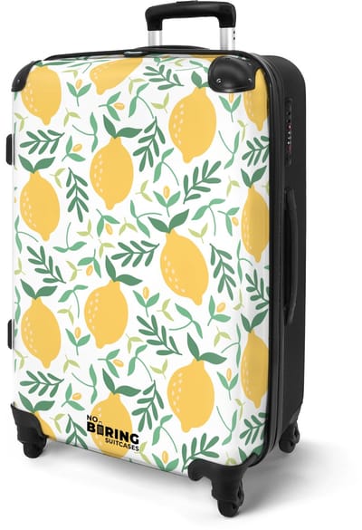 NoBoringSuitcases.com® - Koffer groot - Rolkoffer lichtgewicht - Wit met gele citroenen - Reiskoffer met 4 wielen - Valies grote trolley XL op wieltjes - Harde reistrolley met TSA slot - 20 kg bagage - Reizen