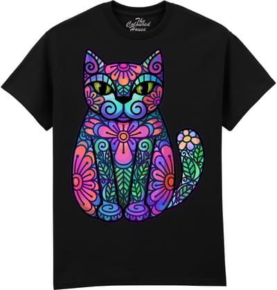 Katten Bloemen Flowers And Leaves Cat The Coloured House T-shirt S
