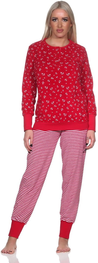 Normann damespyjama van lange badstof met manchetten in maritieme look - ook in oversize