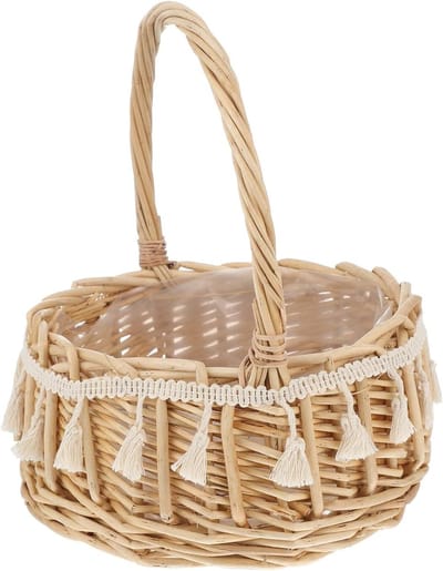 Rieten Bloemenmand - Bruiloftmand Opbergmand - Decoratie Bruiloft - Handgemaakt Jute Kant - 21x17x17cm - Khaki