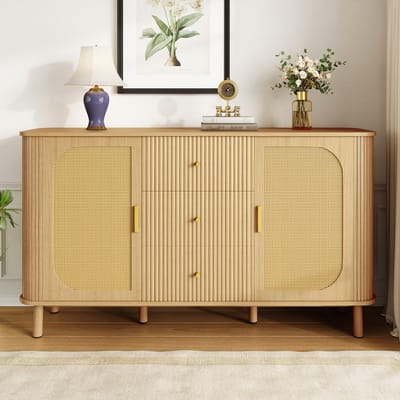 MODFU - Sideboard - Gebogen Ontwerp En Rattan Deuren - Modern - Voor Woonkamer - MDF - Naturel - 140 x 40 x 80 cm