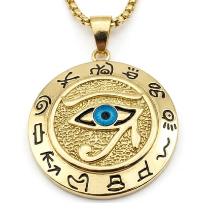 Goudkleurige ronde hanger ketting voor heren – ketting met oog van Horus en symbolische gravures