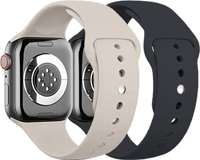 Stravo 2 Stuks Siliconen Sportbandje – Zacht & Waterproof Horlogeband – Geschikt voor Apple Watch 42mm (Series 11/10), 41mm (Series 9/8/7), 40mm (Series 6/5/4/SE 1/2/3), 38mm (Series 3/2/1) – maat S/M – Zwart & Starlight