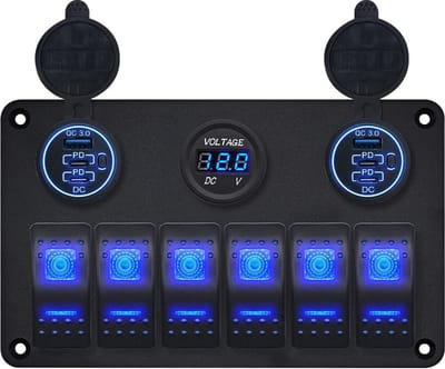ProRide Schakelpaneel 12V voor Auto/Boot - USB/USB C Lader 6 Poorten met Voltmeter - QC3.0 - 6 Schakelaars