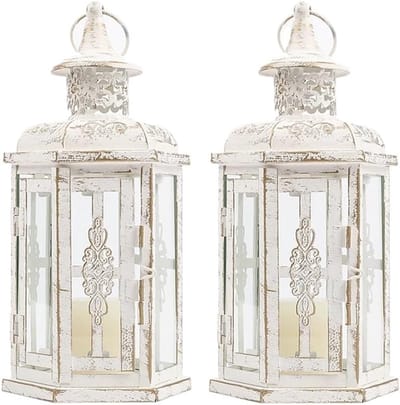 Kaarsenhouders 2 stuks - Decoratieve lantaarns - Sfeer creëren - Vintage design - 10 inch hoog - Wit met goud