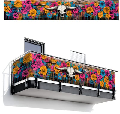Balkonscherm 500x85 cm - Balkonposter Schedel - Bloemen - Graffiti - Balkon scherm decoratie - Balkonschermen - Balkondoek zonnescherm