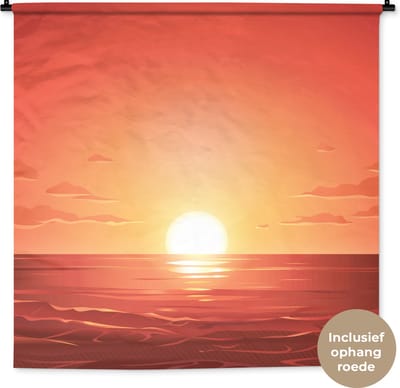 Wandkleed - Wanddoek - Zee - Zon - Oranje - 150x150 cm - Wandtapijt
