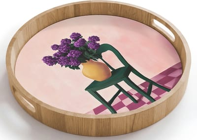 Dienblad rond 40x40 cm - Schootdienblad hout - Stoel - Vaas - Bloemen - Geblokt - Borrelplank rechthoek - Plateau houten dienbladen