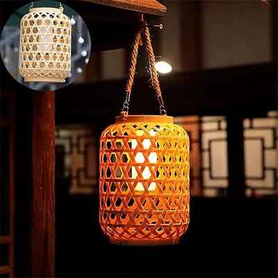 Tuin Solar Lantaarn - Hanglamp Buiten - Terras Verlichten - Handgeweven Bamboe - 14x22cm - Bruin