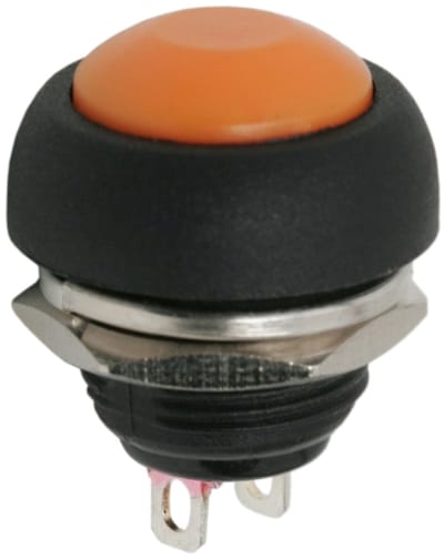 5x Inbouw Drukknop Schakelaar SPST OFF-(ON) - Momentane Push Button 250VAC 1A - Normaal Open Ronde Drukschakelaar - Zwarte Behuizing Met Oranje Knop - Inbouwmaat 11mm - Aansluitingen 3x4mm - Verkoopeenheid 5 Stuks[09044NA]