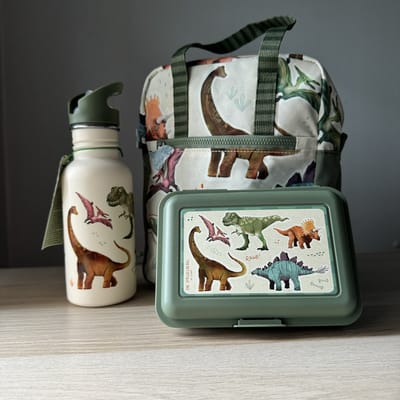 HEEL KLEIN Dino kinder peuter rugzakje (25 x 20 cm), lunchboxje en grote RVS drinkfles / drinkbeker - Die spiegelburg serie Dino Friends