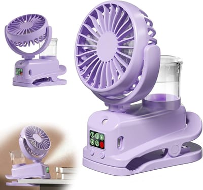 YAGXIG Mini USB draagbare clipventilator - Oplaadbaar - Miniventilator met luchtbevochtiger - 4 windsnelheden - Bureauventilator - Mini draagbare ventilator voor thuis, bureau en kantoor (paars)
