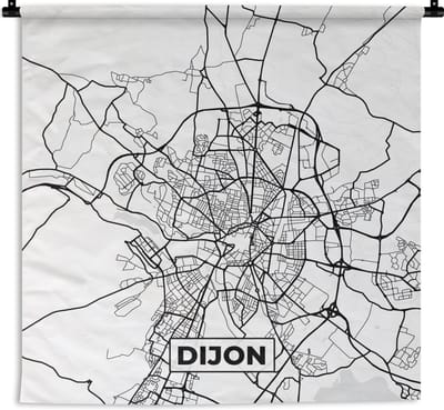 Wandkleed - Wanddoek - Kaart - Plattegrond - Dijon - Frankrijk - Stadskaart - Zwart wit - 180x180 cm - Wandtapijt