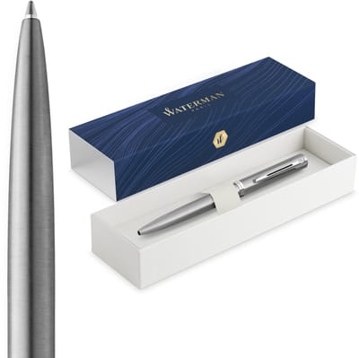 Waterman Impression Balpen | Medium Punt met Blauwe Inktvulling | Roestvrij Staal met Palladium-Gecoate Afwerking | Geschenkdoos