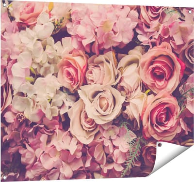 Gards Tuinposter Roze Rozen Achtergrond - Retro - Bloemen - 100x80 cm - Tuindoek - Tuindecoratie - Wanddecoratie buiten - Tuinschilderij