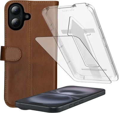 Rosso Deluxe Hoesje + Tempered Glass Geschikt voor Apple iPhone 16 – Echt Leer Book Case met Pasjeshouder Bruin + Screen Protector met Installatietray - Case Friendly 9H Gehard Glas