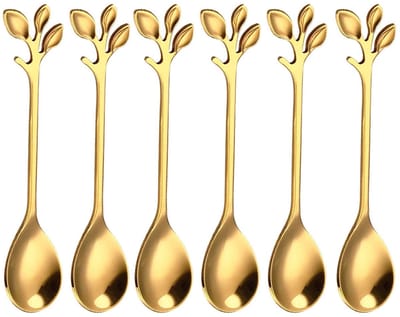 Dailygoods- Koffielepel Goud - 6 Stuks - Roestvrij Staal - Bladvorm - Creatief Servies - 12 cm - Voor Suiker/IJs/Thee - Dessertlepel