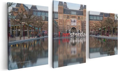Artaza Canvas Schilderij Drieluik Amsterdam Rijksmuseum - I Amsterdam Tekst - 120x60 - Foto Op Canvas - Canvas Print