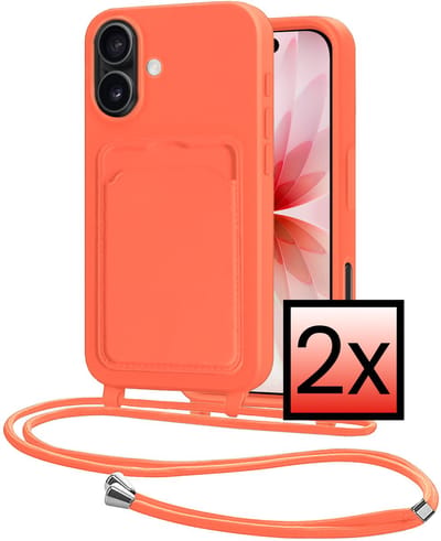 Hoes Geschikt voor iPhone 17 Hoesje Pasjeshouder Cover Met Koord Case Siliconen Hoes Met Telefoonkoord en Kaarthouder - Papaya - 2 PACK