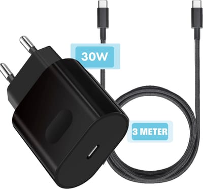 GaN usb C Oplader met lange usb-C Kabel - 3 Meter - 30w - Snellader - Oplaadkabel usbC - Super Snel Laden