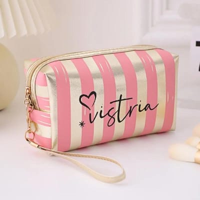 Trousse à Maquillage Portable à Rayures, Petite Taille, Sac à Main de Haute Valeur, Mini Trousse de Rangement Portable pour Maquillage, Sac Imperméable pour Femmes Cs013 rose