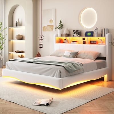 Sweiko Gestoffeerd bed - 160*200cm - LED-verlichting - Laderpoort - Linnen - Beige