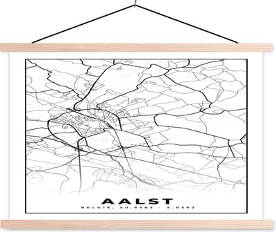 Posterhanger incl. Poster 90x60 cm - Schoolplaat - Stadskaart – Plattegrond – België – Zwart Wit – Aalst – Kaart - Textielposter - Blanke latten - Stadskaart