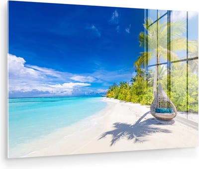 MuchoWow® Glasschilderij 60x40 cm - Schilderij acrylglas - Strand - Palm - Hangstoel - Foto op glas - Muurdecoratie woonkamer - Wanddecoratie slaapkamer - Schilderijen