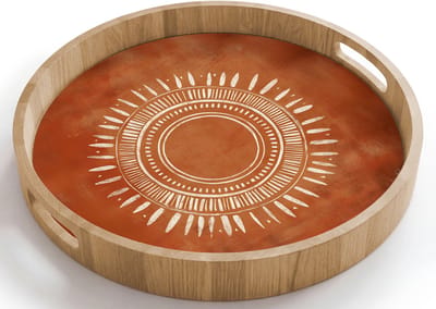Dienblad rond 40x40 cm - Schootdienblad hout - Abstract - Lijnen - Zonnestralen - Roodbruin - Borrelplank rechthoek - Plateau houten dienbladen