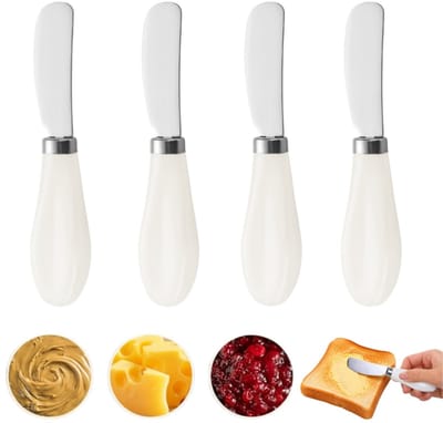 4-delige set – Botermes – Kaasmes – Smeermes – Dessertmes – Sandwichmes – Keramisch handvat – Wit – 13 x 1,8 cm – Voor het smeren van roomkaas, jam en gebak – Geschikt voor zachte en harde kazen, jam en koude boter