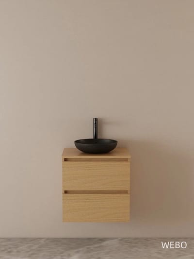 WEBO 60cm Sydney Oak eiken badkamermeubel volledige set INCLUSIEF mat zwarte waskom en mat zwarte kraan - COMPLETE SET