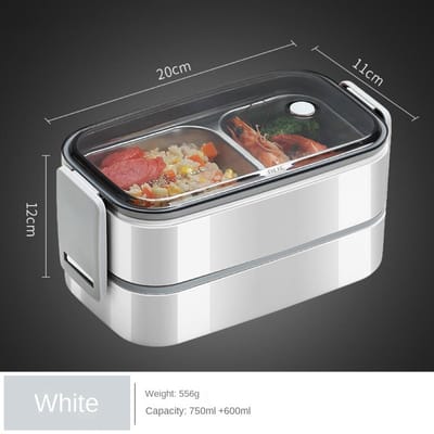 304 Roestvrijstalen Lunchbox voor Volwassenen Kinderen School Kantoor 2 Lagen Magnetronbestendig Draagbaar Vakken Bento Voedselbewaarcontainers 2 wit