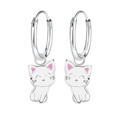 Zilver kinder oorbellen meisje met wit roze katje hangertje | Oorringen wit poesje hanger | Kinderoorbellen meisje zilver | Zilverana | 925 Silver (Echt zilver)